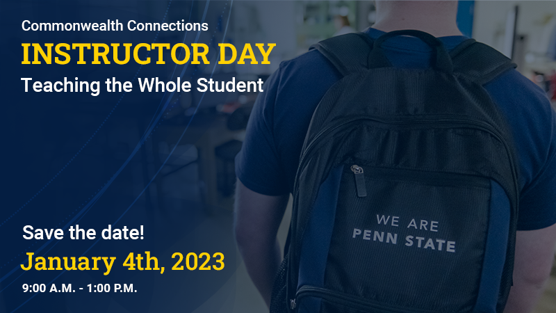 Commonwealth Connections Instructor Day: Kickstart your semester! Save the Date! January 4th 9:00am to 1:30pm. Text shown over image of students gathered.