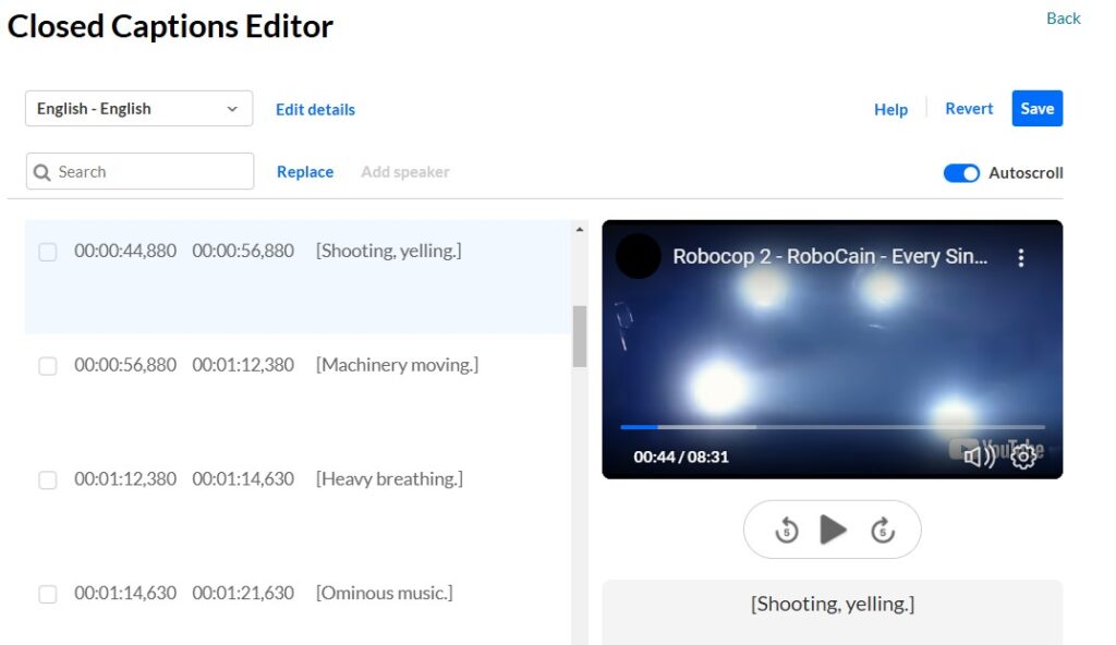 In the Kaltura CC editor, right, a video clip from RoboCop 2 with four spotlights in the dark. Left, captions indicate time-stamps of non-speech sounds: [shooting], [yelling], [machinery moving], [heavy breathing], [ominous music].